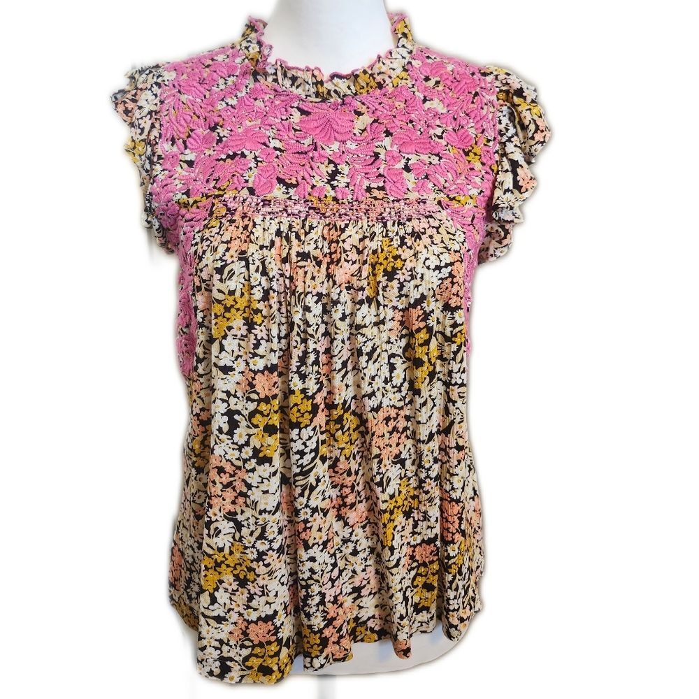 THML Ruffle Neck & Sleeves Floral Swing Blouse, Pink Embroidery, XS
